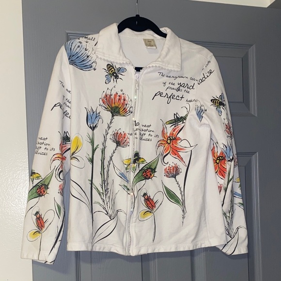 American Vintage Tops - Floral Print White Zip Up Rhinestone Garden Flower Jacket Vintage USA Grandma